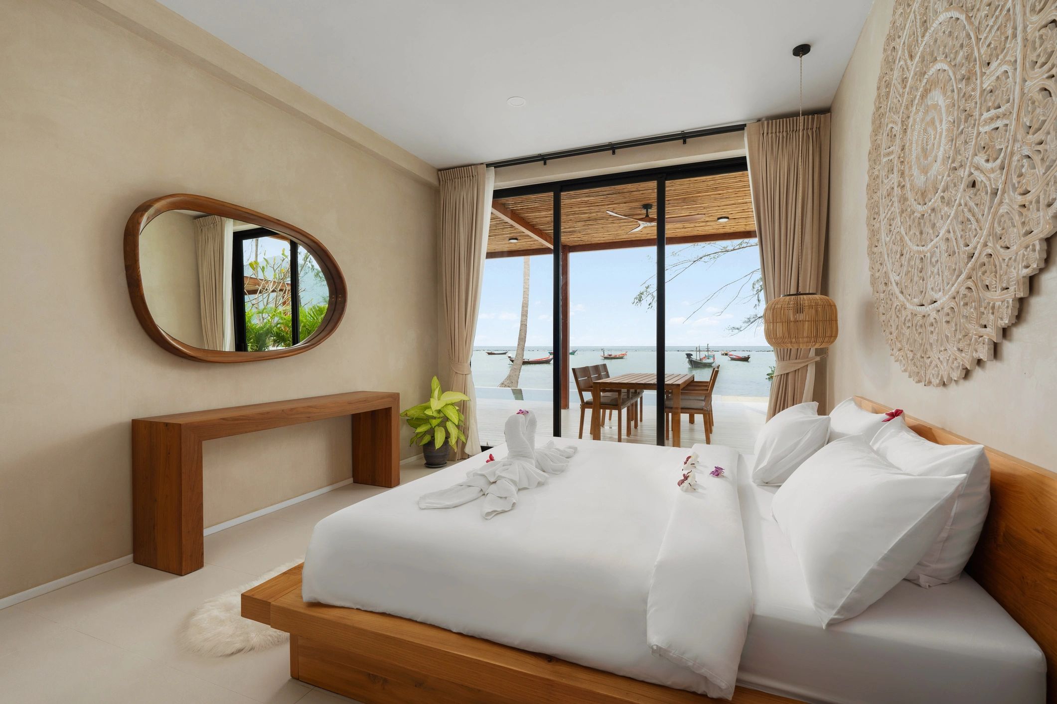 Warm and inviting hotel bedroom with tropical character